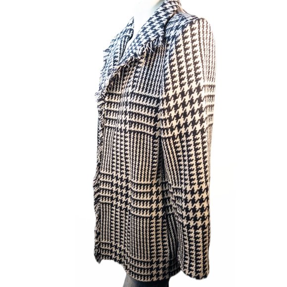 Harve Benard Womens Size Large Coat Black White Houndstooth Wool Blend Fringe - Picture 3 of 10